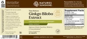 Etiqueta de Nature's Sunshine Time Release Ginkgo Biloba Extract