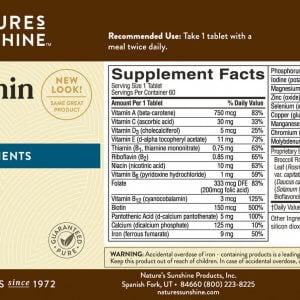 Nature's Sunshine MultiVitamin & Mineral Label