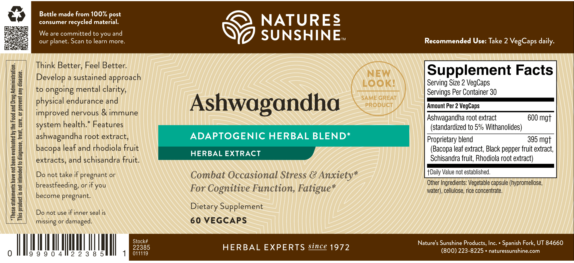 Nature's Sunshine Ashwaganda Label